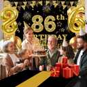 86th Birthday Decorations Men Women with 86th Birthday Banner, Black and Gold Table Cloth, Number Balloons, Sash, Cake Topper and Candles