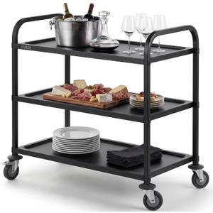 CURTA Black Stainless Steel Serving Cart, 3-Tier Rolling Utility Trolley (38"x20"x37"), Heavy Duty Painted Kitchen Cart on Wheels with Brakes, Commercial Grade for Restaurant, Hotel, Salon & Lab