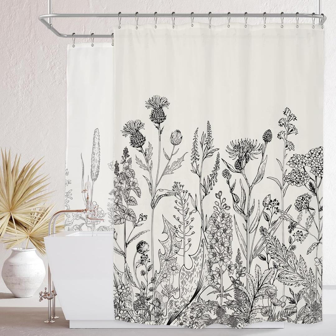 Riyidecor Clawfoot Tub Extra Wide Shower Curtain 180Wx72H Inch Flower Wrap All Around Circular Round Floral Wildflower Botanical Plants Herbs Decor Bathroom Polyester Waterproof Metal Hooks 32 Pack