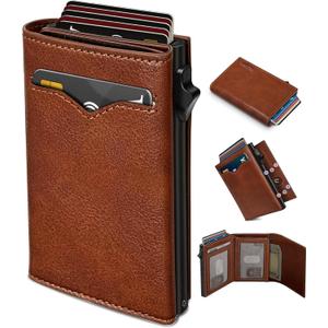miyozi Wallet for Men, with Cash Pocket 2 ID Window 9-13 Cards, Metal Case Smart Slim Pop Up Credit Card Holder Flip with Magnetic Closure RFID Blocking Trifold wallet with Gift Box