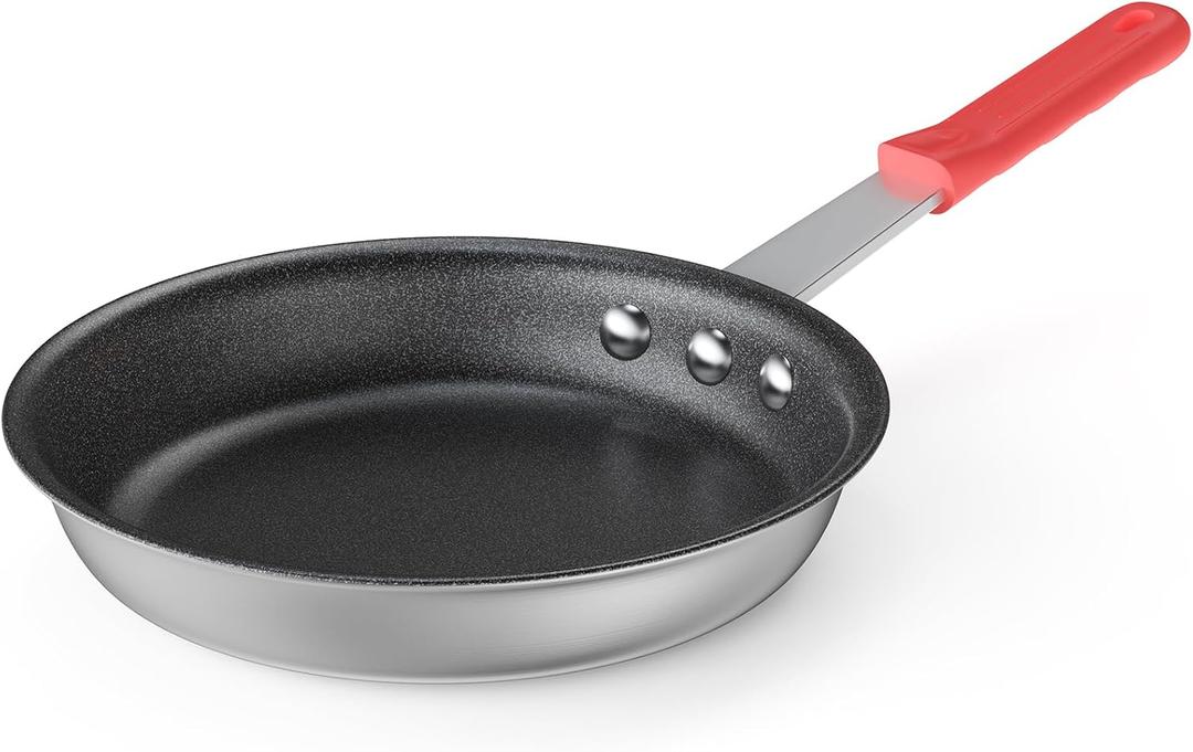 2 x DUMOS 8 Inch Nonstick Frying Pan, Heavy-Gauge Aluminum Skillet, Red Handle