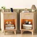 Fluted Nightstand Set of 2, Wooden Night Stand with Charging Station and LED Light, Modern Mid Century End Table with Drawer, Bedside Table for Bedroom, Natural Oak