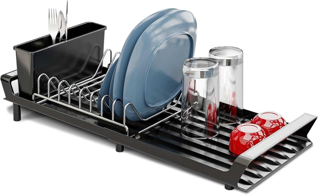 Home Zone Living Small Collapsible Dish Drying Rack for RVs and Small Kitchens with Adjustable Length and Utensil Caddy