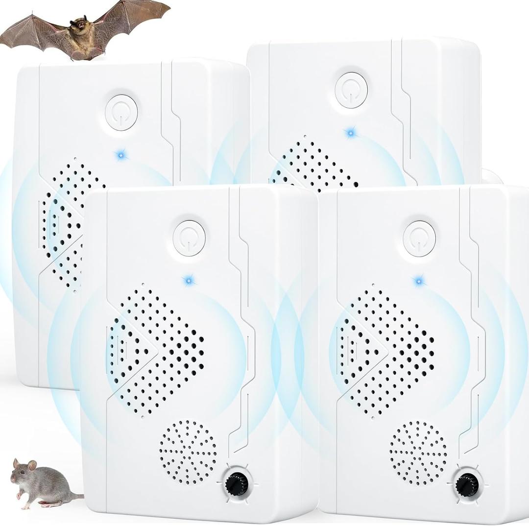 2026 Bat Deterrent Devices for Attic, 4 Pack Rechargeable Ultrasonic Bat Fortress Mini Keep Away, Indoor & Outdoor, Bird Deterrent System for Porch, House, Garages, Friendly to Human & Pet (White)
