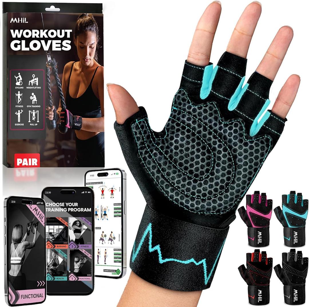 MhIL Workout Gloves for Women Breathable Gym Gloves for Women with Palm Protection and Enhanced Grip Padded Weight Lifting Glove for Womens with Wrist Wraps Support Weightlifting Exercise Cycling, Medium: 7.5 8 / 19.1 20.5 cm