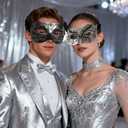 Wildarms Couple Masquerade Masks - Feather Women & Venetian Men Masks for Halloween Party, Mardi Gras Cosplay (Silver Black, one size)