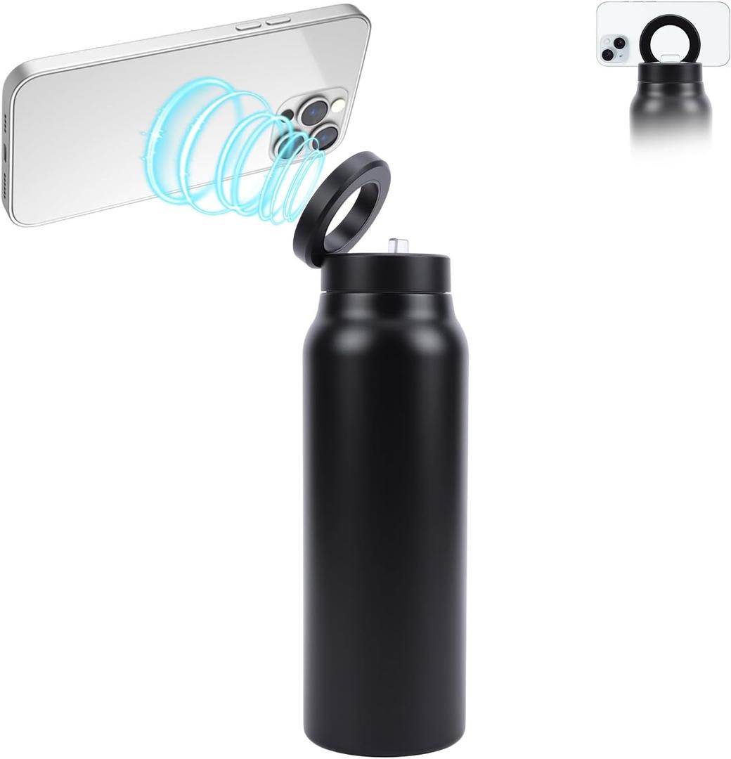 Sports Insulated Bottle 750ml Large Capacity 304 Stainless Steel Insulated Water Bottle with Straw Magnetic Phone Stand for Outdoor Cycling (Black)