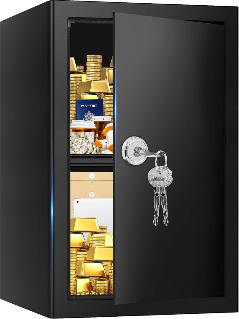 3.0 Cubic Feet Fireproof Safe Box with Key Lock, Hidden Steel Security Box with Removable Shelf for Cash, Documents and Passports, Personal Safes for Home/Office, 12.2"D x 13.78"W x 19.68"H