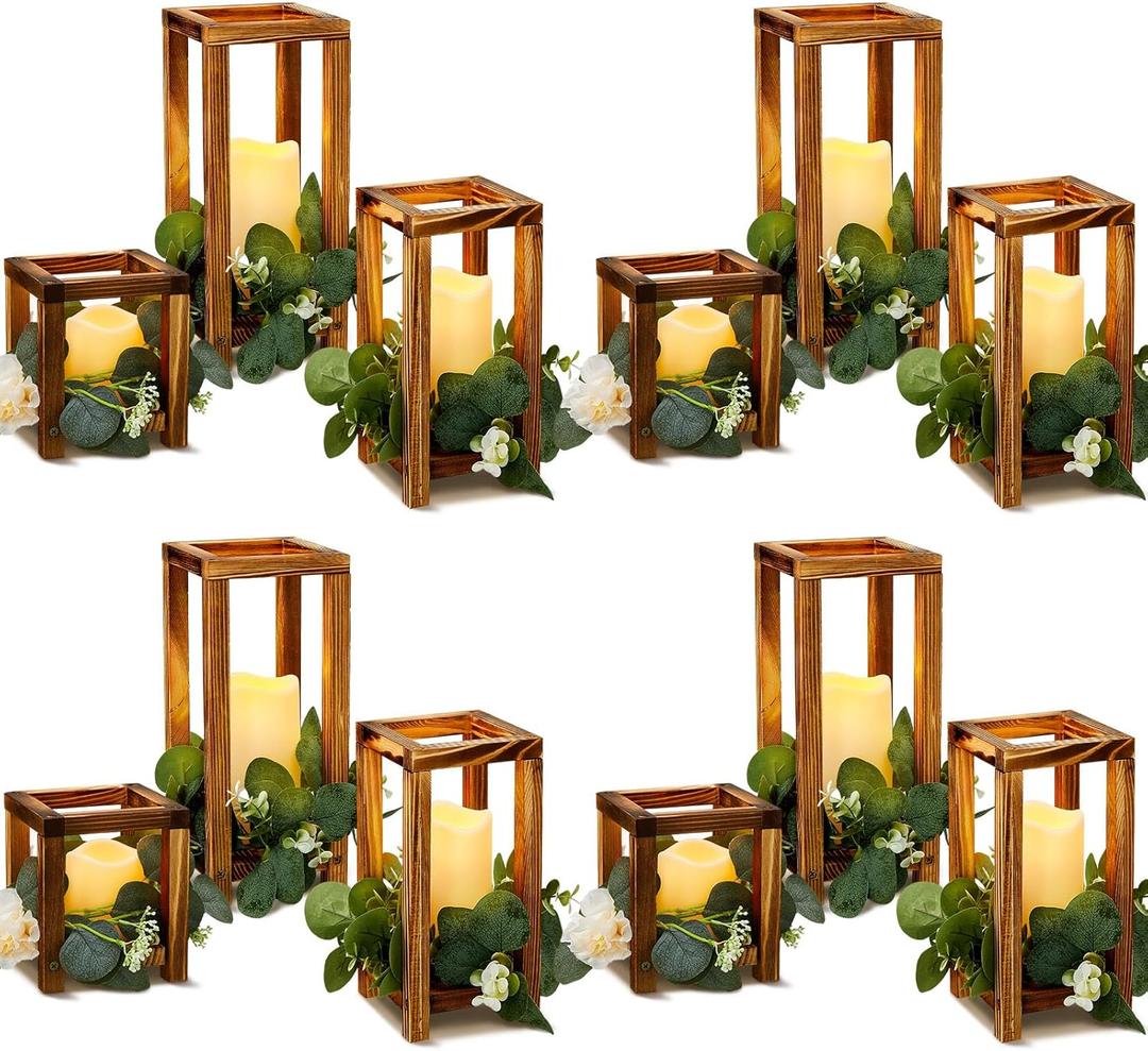 24 Pcs Wooden Candle Lantern Include 12 Wedding Lantern Centerpiece 12 Flameless Decorative Candles Holders Wedding Centerpieces for Tables Party Decor(Brown)