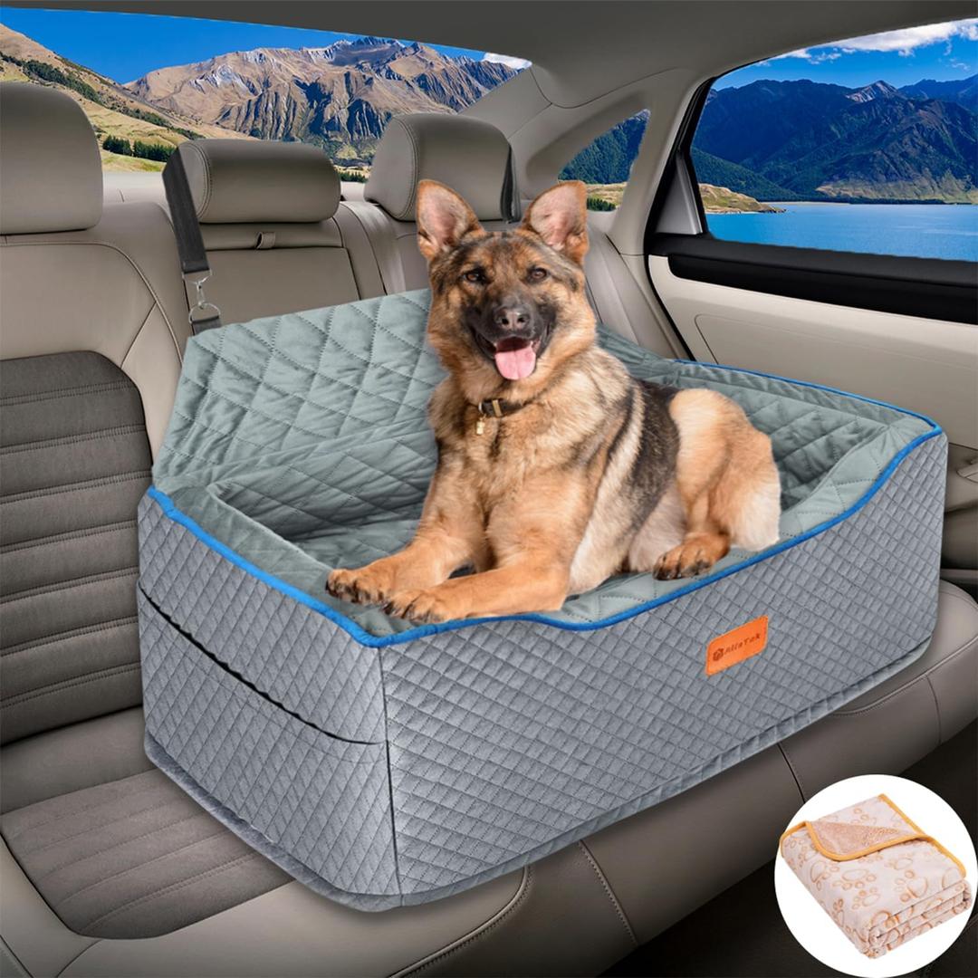Dog Car Seat Large Size Dog, Washable Large Dog Car Seat, Detachable Memory Foam Pet Car Seat, Dog Booster Car Seat for Large Dogs 60 lbs, with 2 Dog Seat Belt and Dog Blankets