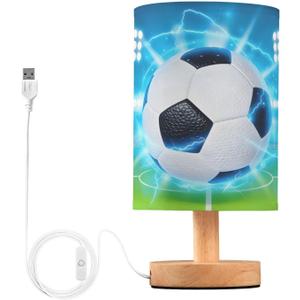Bedside Lamp Soccer Ball on Field Table Lamp for Bedroom LED Nightstand Lamp Shade USB Ports Wood Base for Living Room Dorm Office