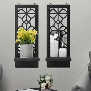 Candle Sconce Wall Decor Set of 2, Large Wall Candle Holder Rustic Farmhouse Decor, Home Wall Art Floating Mirror Sconce Black Wall Decoration for Living Room, Dining Room, Bedroom, Bathroom