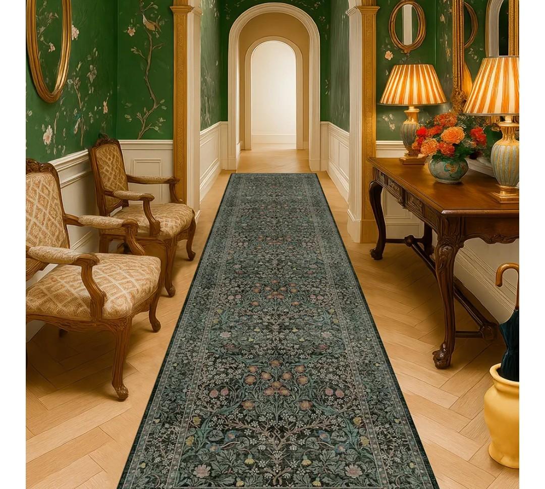 Dark Green Washable 3x16 Extra Long Runner Rug for Hallway Non Slip, Large Kitchen Indoor Floor Rugs for Entryway Hall Way, Soft Stain Resistant Low Pile Vintage Floral Carpet
