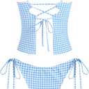 ZAFUL 2026 Tankini Swimsuits for Women Mesh Hollow-Out Tank Style Bow Knotted Decor Tie Side High Cut Tankini Set (Blue, L)