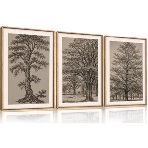 HOURIA Vintage Tree Sketch Framed Canvas Wall Art Set,Natural Brown and Gray Woodland Wall Decor,Mid Century Nature Forest Artwork,Textured Botanical Art Print for Living Room,Bedroom,Office, 16"x24"x3