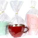 PigPotParty Cellophane Bags 8"x11", 50 Pack Clear Gift Bags, Bottom Gusset for Stand-Up Display, Plastic Cellophane Gift Wrap, Ideal for Goodies, Treats, Party Favors, Mugs, Includes 50 Ties