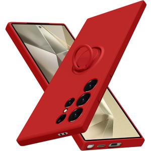 for Samsung Galaxy S24 Ultra Case with Ring,Slim Soft Liquid Silicone Phone Case,Built in 360Rotatable Ring Holder,Shockproof Protection Phone Case Red JUS04-34 CP
