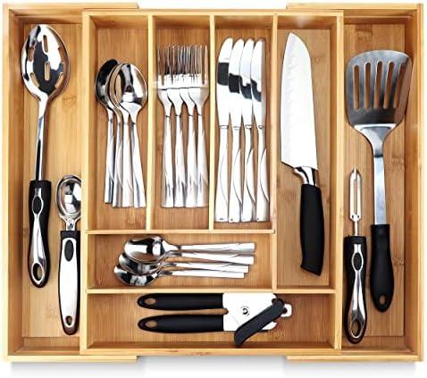 Pristine Bamboo Silverware Tray for Drawer Organizer - Kitchen Drawer Organizer - Cutlery Organizer - Silverware Organizer, Flatware Silverware Holder, Expandable Adjustable Wooden Dividers (8-Slots)