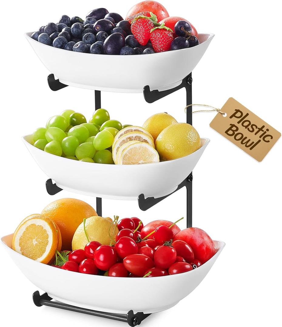 Lifewit Plastic Fruit Bowl Basket for Kitchen Countertop, 3 Tier Fruit Holder with Black Metal Stand, Serving Tray for Food, Vegetable, Cake, Dessert in Party