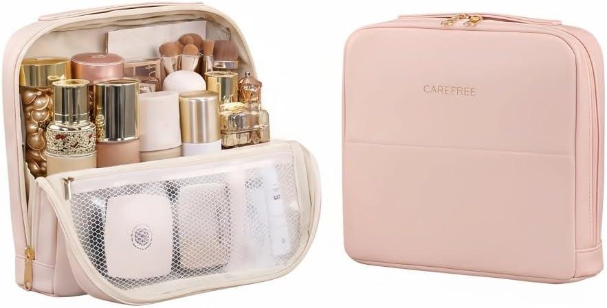 Magnetic Standing Cosmetic Bag, Large Capacity Travel Toiletry Organizer with 3D Storage, Portable Makeup Shower Bag for Women (Pink)