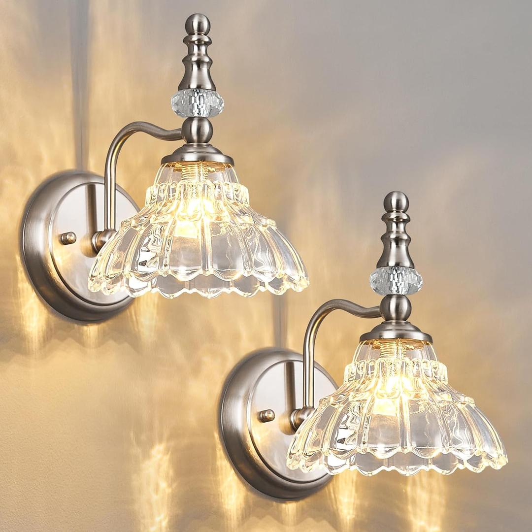 Vintage Wall Sconces Matte Brushed Antique Nickel Finish Indoor Wall Sconces Fixtures Wall Lights with Crystal Glass Shade Vanity Lights for Bedroom Bathroom Living Room Hallway(2-Pack)