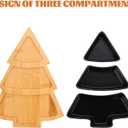 DOITOOL Christmas Tree Shaped Platter Snack Appetizer Trays Ceramic Christmas Serving Tray, 3 Compartment Food Serving Platter Wooden Base for Holiday Party Supplies (26.4X19X4.2CM, Black)