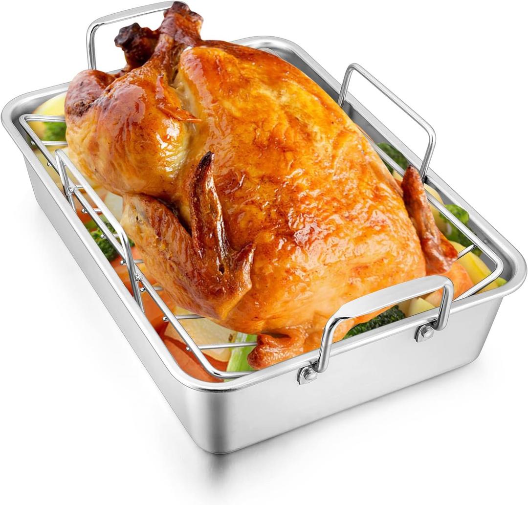 Roasting Pan with Rack for Turkey Chicken, Joyfair Stainless Steel Roaster Pan and Vrack for Toaster Oven, Rectangular Bakeware with Sturdy Handles, Heavy Duty & Dishwasher Safe (Large)