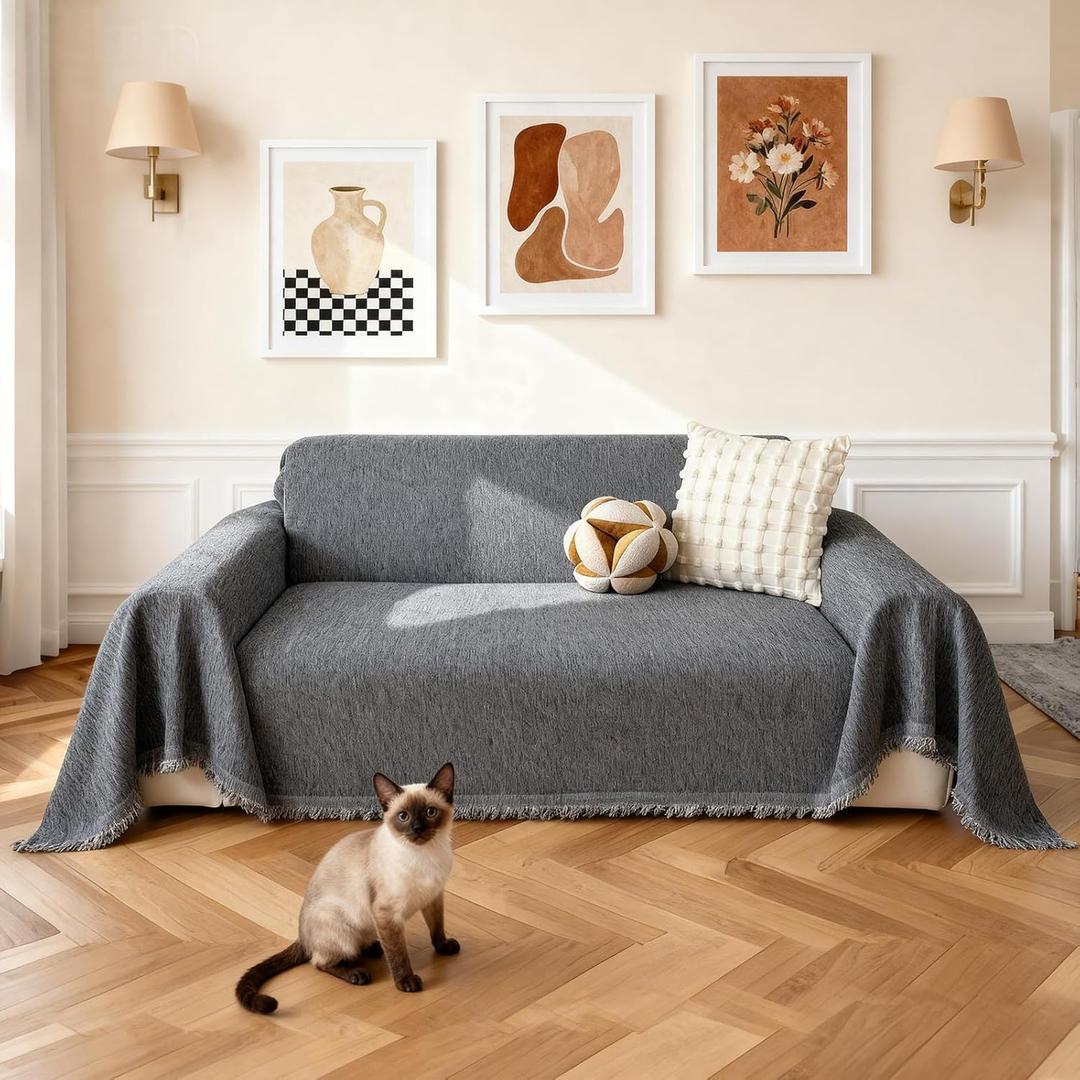 Couch Cover for Dogs, Non Slip Sofa Cover, Washable Couch Covers, 2 Cushion Sofa for Dogs Furniture Protector with Tassels Chenille Sofa Covers for Pets (Vertical Pattern Dark Gray) (71" x 102")