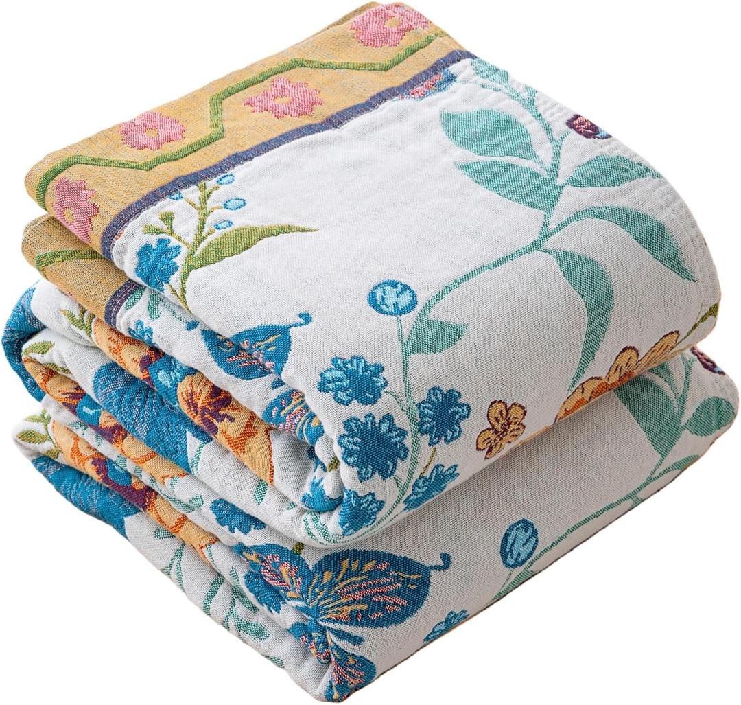 Boho Throw Blankets for Couch,Sofa,Bed, 60"x80" 100% Cotton Muslin Floral Spring Throw Blanket, Butterflies and Flowers Rustic Quilt, Farmhouse,Living Room Decor for All Seasons