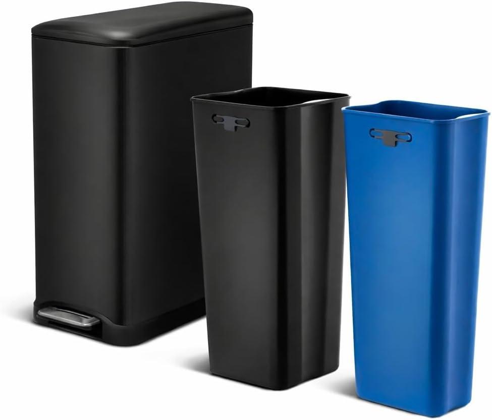 Home Zone Living 13 Gallon Kitchen Trash Can with Dual Compartments
Stainless Steel with Slim Fit Design, Soft-Close Step Pedal Lid for Recycling and Bag Tuck Band, Black