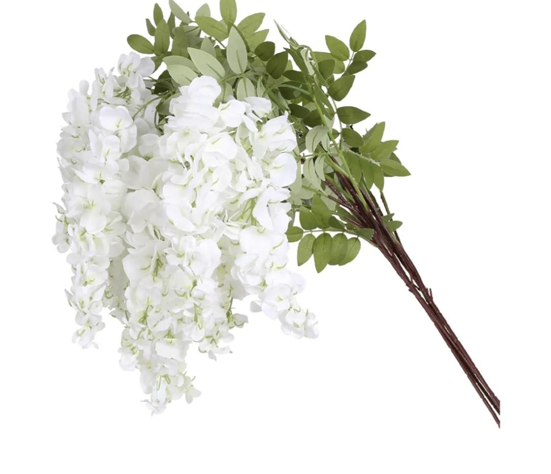 4PCS White Artificial Wisteria Hanging Flowers 40'' Tall Lush Fake Wisteria Flowers for Floor Vases Silk Flowers for Wedding Arch Ceremony Window Box Home Garden Backdrop Decoration (White)