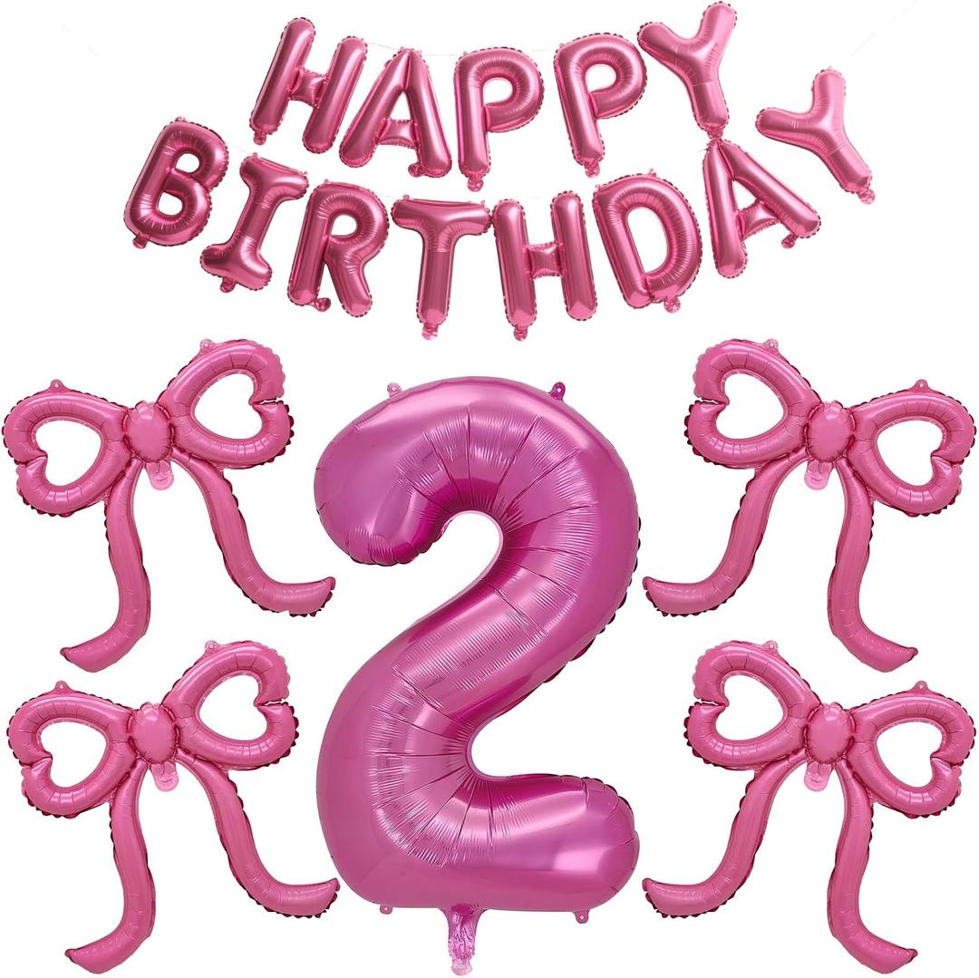 Pink Happy Birthday Balloons Banner, Giant Pink Bow Foil Balloons Number 2 Balloon Party Decor for Girls 2nd Birthday