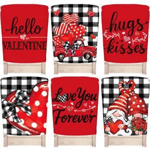 Whaline 6Pcs Valentine' s Day Chair Back Cover Dining Chair Slipcover Protector Red-Black Love Heart Gnome Truck Seat Covers for Wedding Anniversary Home Kitchen Decor