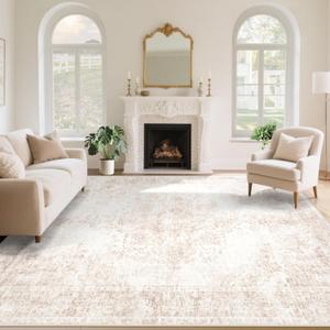 Vintage Living Room Area Rug - 8x10 Large Machine Washable Boho Moroccan Rug Distressed Farmhouse Rugs for Bedroom - Soft Non-Slip Indoor Carpet for Dining Room Office Nursery (Retro Beige, 8'x10')