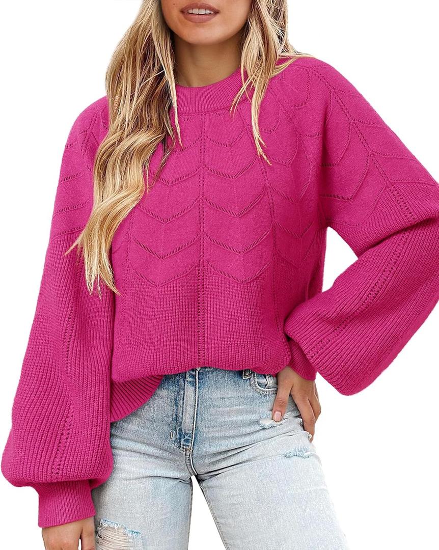 Messic Womens Pullover Sweaters 2025 Casual Long Sleeve Crewneck Loose Knit Tops (Large, Rose)