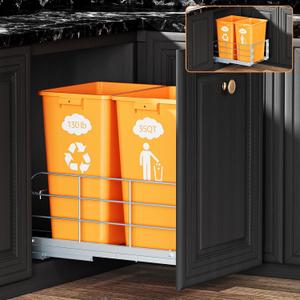 Double Pull Out Trash Can Under Cabinet with Soft Close Slides 130LB Heavy Duty Under Sink Trash Bin Kit with Door or Base Mount Fits minimum 16" W x 23" D x 12"H Cabinet, Trash Can Not Included