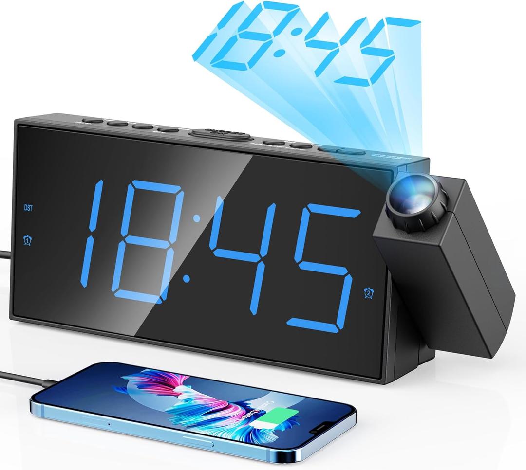 Digital Projection Alarm Clocks for Bedrooms - Large LED Display, 180 Rotatable Projector, 5-Level Dimmer,USB Charger,Battery Backup,Loud Dual Alarms for Kids Elderly,Heavy Sleepers,Snooze,12/24H,DST (Blue Digits; Blue Projection)