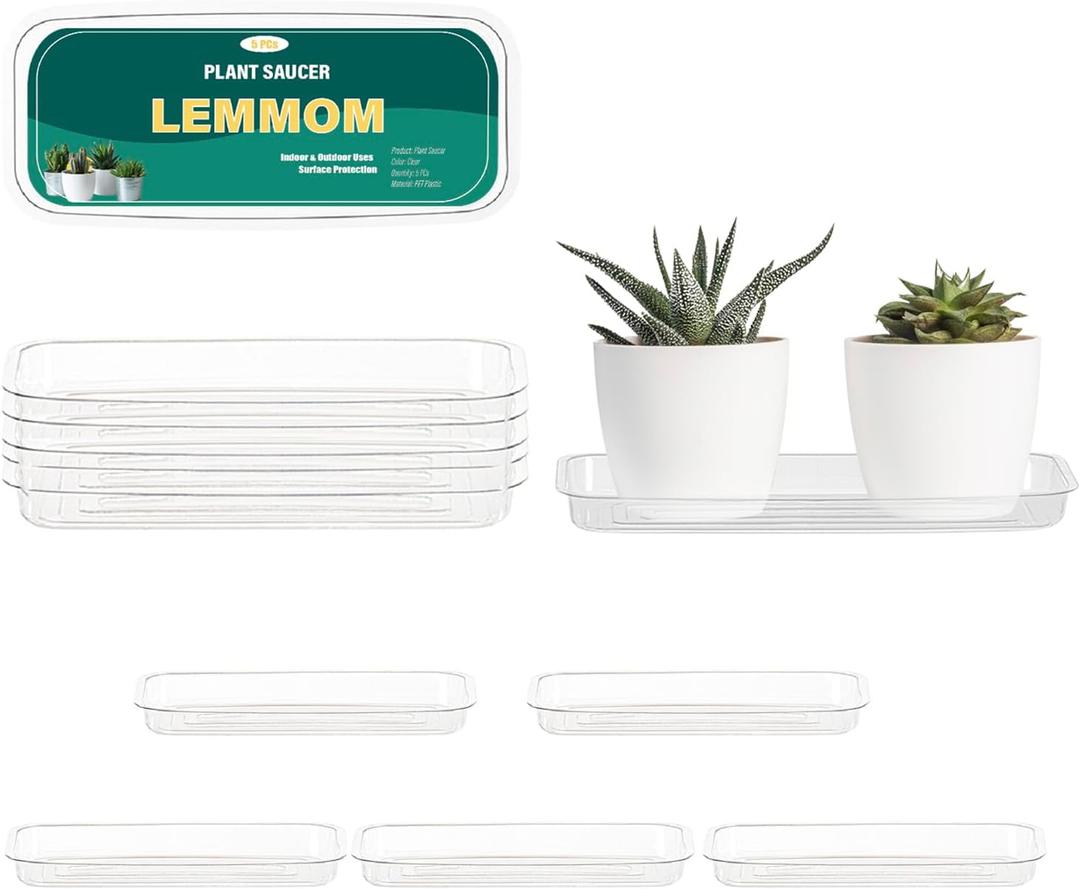 Pack of 5 Rectangular 9x4 Inch Clear Thick Plastic Plant Trays, Sturdy Heavy Duty Saucer Drip Trays for Pots, Indoor/Outdoor Use, Window Sill Water Catcher