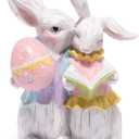 Hodao Easter Bunny Couple Figurine, Romantic Rabbits with Colorful Eggs & Book, Wood Carved Easter Decor, Spring Tabletop Decoration, Sweet Easter Gift for Couples, Family & Home