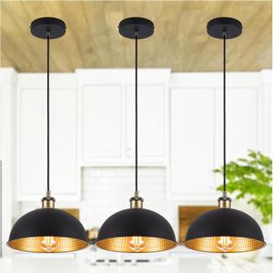 3-Pack Industrial Black Gold Pendant Lights Vintage Mini Dome Pendant Light Fixtures with Golden Finish Rustic Farmhouse Dome Black Pendant Lights for Kitchen Island, Dining Room, Bedroom