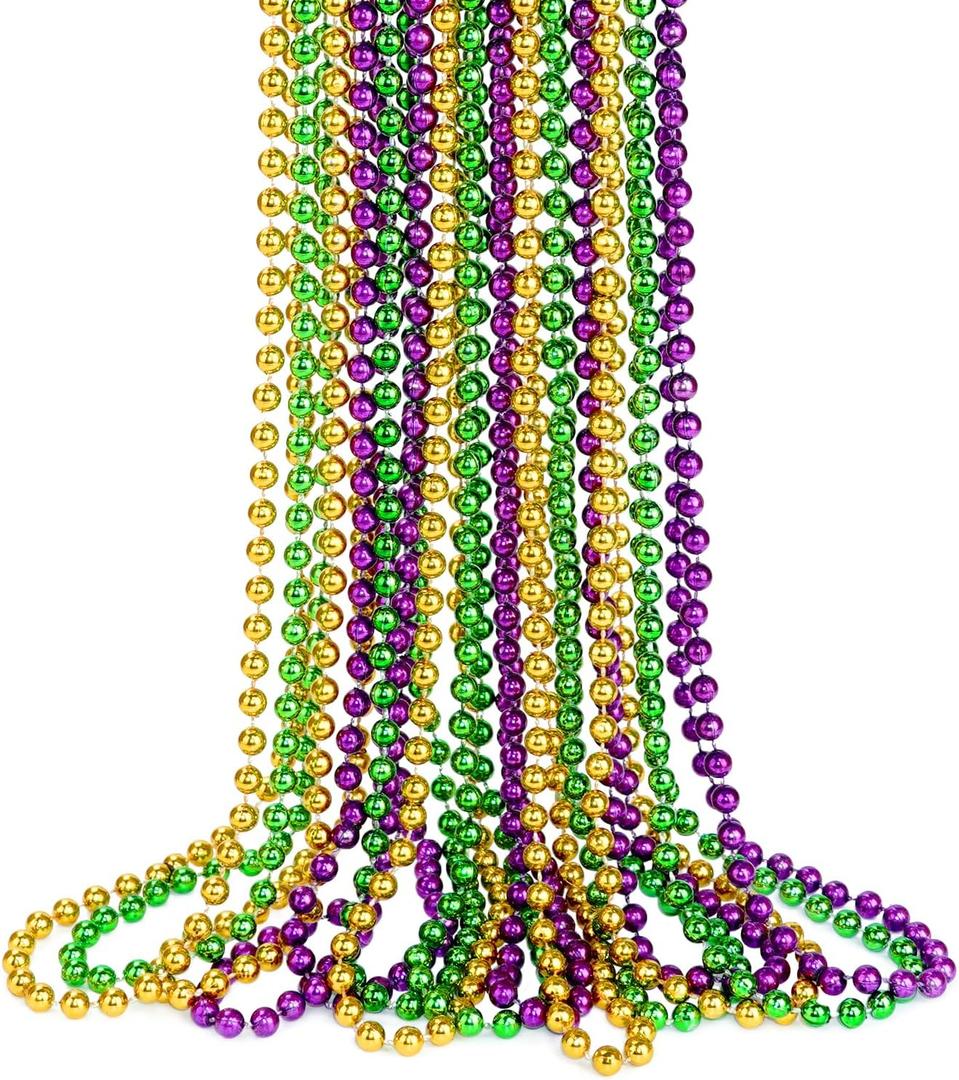 YAXINRUI Mardi Gras Beads Necklaces, 15pcs 33' 7mm Metallic Gold Green Purple Bead Party Favors