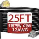 25 FT 12 Gauge Extension Cord Outdoor, Heavy Duty Weatherproof & Flame Retardant Black 3 Prong Power Cord with Light, Outside for Lawn & Garden, 15 Amps 1875 Watts 125 VAC 12AWG SJTW, ETL Listed