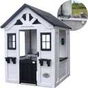 Backyard Discovery Sweetwater White Cedar Wooden Kids Playhouse Cottage with Play Kitchen, Snack Bar, Half Door, Toy Phone, Windows, Flowerpot Holders, Working Doorbell for Outdoor Imaginative Play