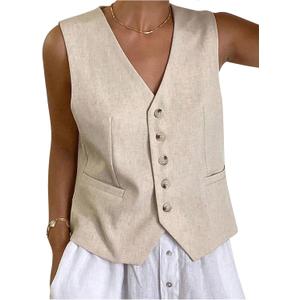 GORGLITTER Women's Button Down Linen Vest Sleevless V Neck Dressy Suit Vests Blazer (Large, White)
