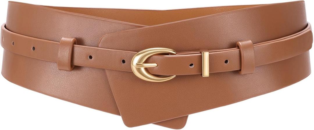 WHIPPY Women Wide Leather Belt Fashion Ladies Dress Belt 2-in-1 Waistband with Skinny Belt for Suits (XL: Fit Waist Size 38-43", Brown)