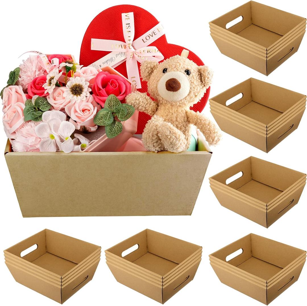 Fainne 30 Pieces Baskets for Gifts Empty 10 x 8 Inch Gift Baskets Empty to Fill Large Christmas Cardboard Market Tray with Handles for Xmas Birthday Wedding Thanksgiving Graduation Home(Brown)