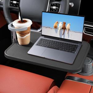 Car Table Tray & Laptop Desk for Car, 360 Rotating Wood Cup Holder Table, Aluminum Cantilever Laptop Mount for Vehicle, Steering Wheel Tray (Black)
