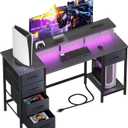 47 Inch Computer Gaming Desk with Power Outlets & LED Lights Reversible Home Office Desk with Adjustable 5 Fabric Storage Drawers for Working Writing Study, Carbon Fiber Black