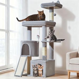 Taoqimiao Sturdy Cat Tree, 55.1In Cat Tower for Indoor Cats, Large Platform | Rotatable Round Condo with Large Scratch Board, Extended Cat House, Thickened Full-Sisal Scratching Post, Light Gray, F10W
