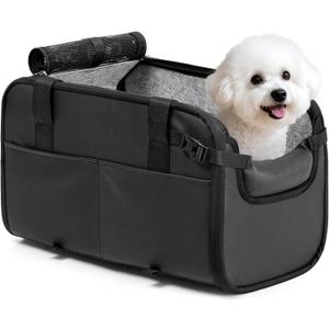 YUDODO Large Dog Car Seat for Center Console (Width9.5in) Fits 10-18lbs, Anti-Slip Puppy Cat Travel Portable Booster Seat, Luxury Pet Car Bed Carseat PU Leather Black